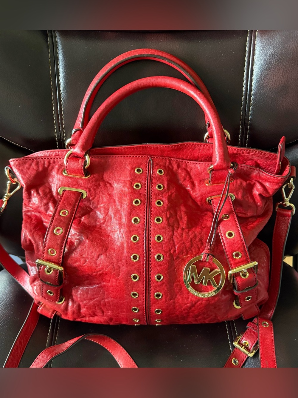 Michael Kors Red Leather Studded Tote with Gold Hardware - Picture 3 of 17